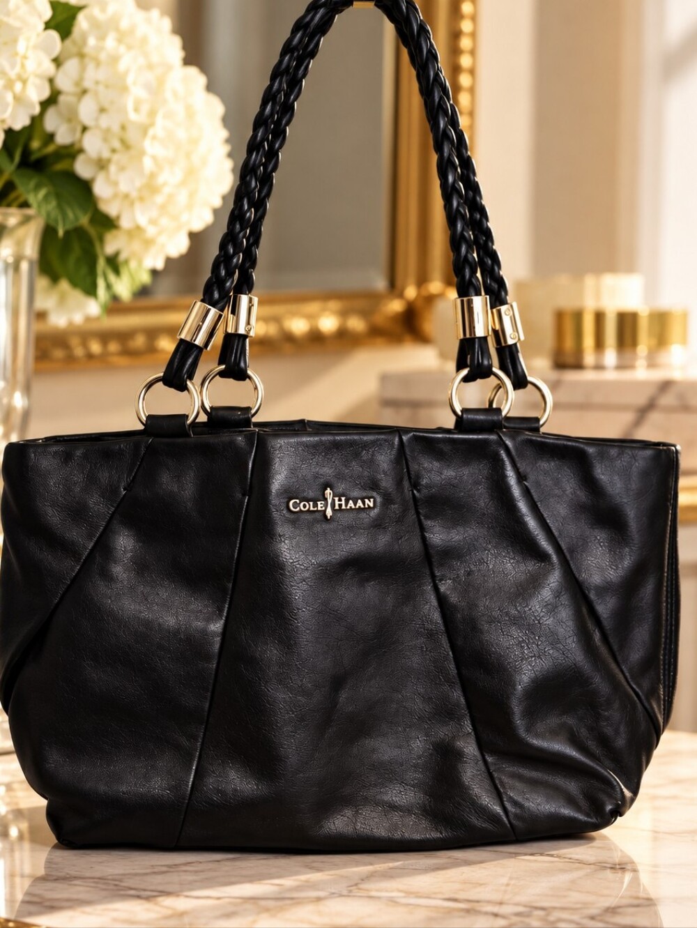 Cole Haan Black Leather Tote Bag Braided Handles Gold Hardware